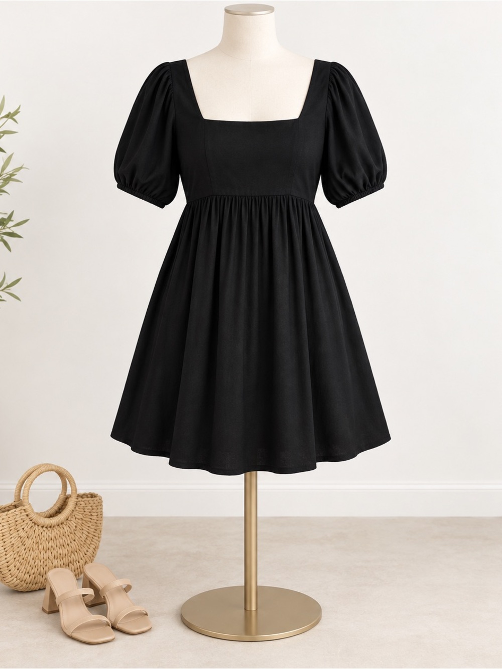 GAP Black Puff Sleeve Square Neck‎ Mini Dress Smocked Back Size Medium